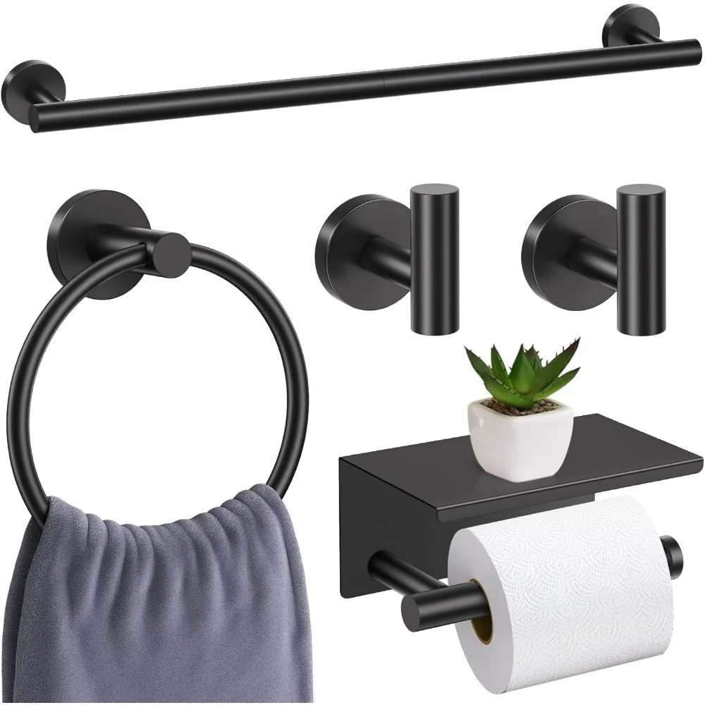 

Matte Black Bathroom Hardware Set with 5 Pieces, Including Towel Bar and Toilet Paper Holder with Shelf