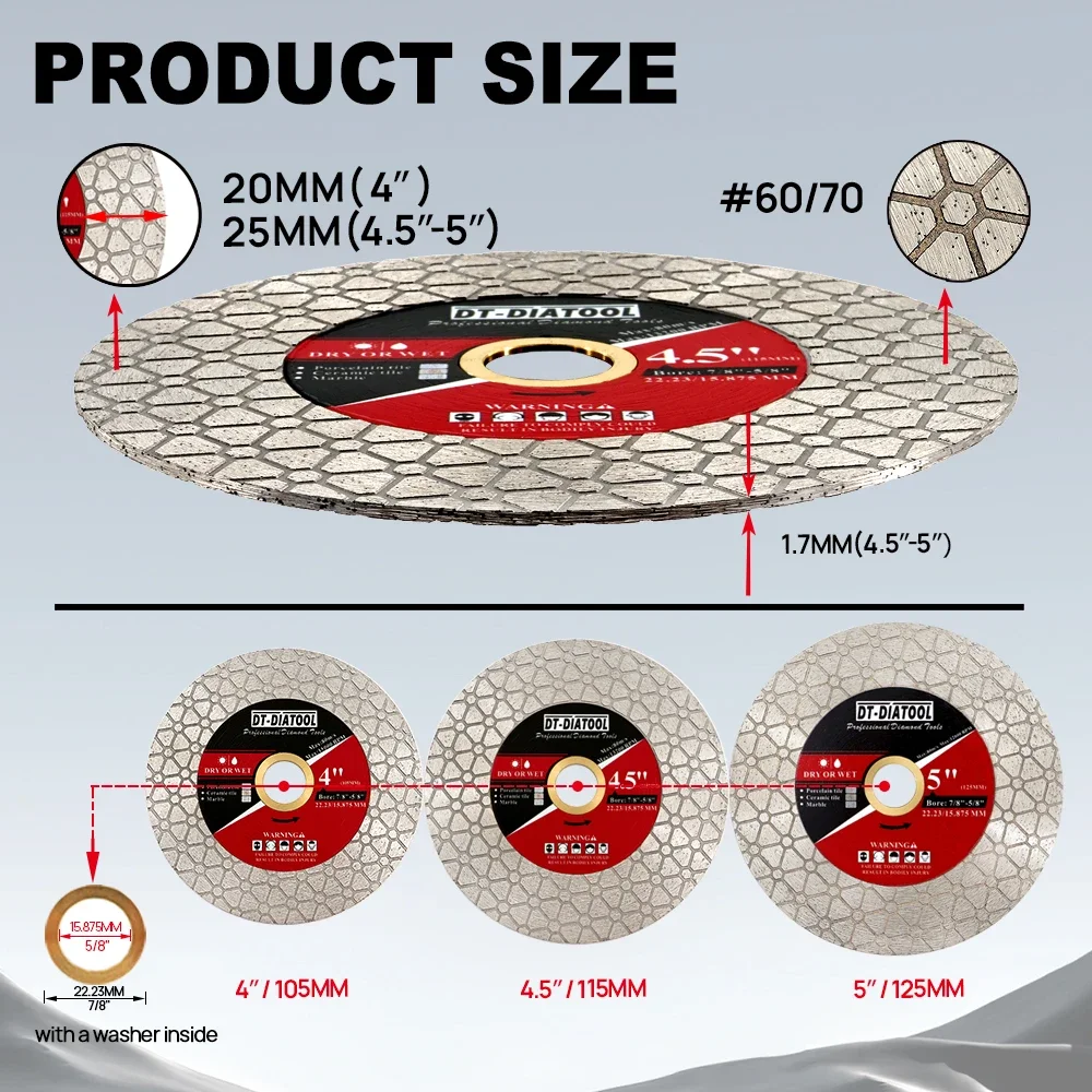 DT-DIATOOL Double-Side Diamond Cutting Grinding Saw Blade 1pc 105/115/125mm for Ceramic Tile Marble Porcelain Artificial Stone