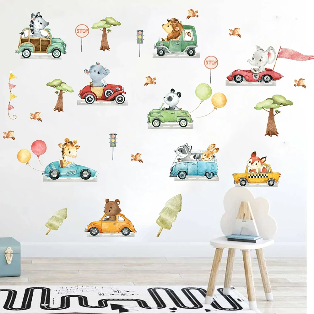 Watercolor Safari Animals Car Wall Sticker  Room Bedroom Transport Vehicles Tree Wall Decal Boy Playroom  Decor