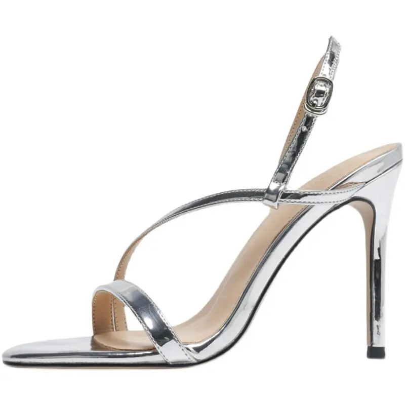 Silver High Heel Sandals 2026 New, Women Patent Leather Stiletto - Open Toe, Single Strap, Summer Glossy Dress Heels
