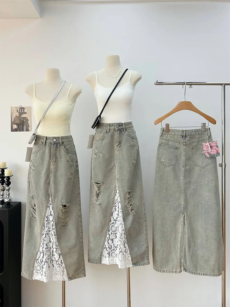 Frauen Patchwork Spitze A-Linie Jeans rock Vintage Ästhetik y2k zerrissen langen Jeans rock Harajuku koreanischen Cowboy Röcke 1920er Jahre Kleidung