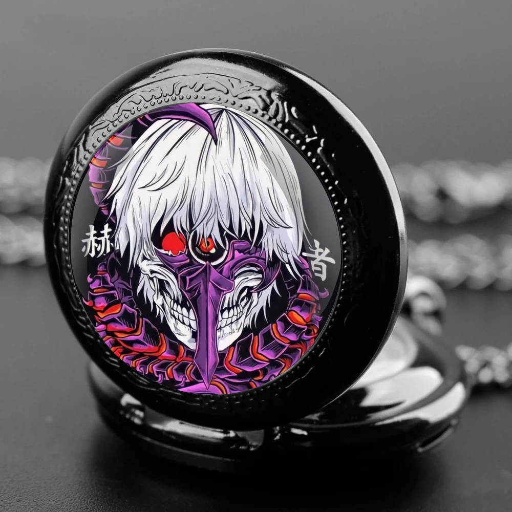 Anime Skull Glass Dome Vintage Arabic Numerals Quartz Pocket Watch Necklace Pendant Clock Chain Men Women Anime Fans