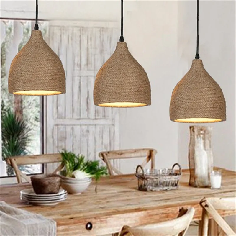 Hemp Rope Vintage Pendant Light Fixtures For Ceiling Kitchen Dining Room Loft Hanging Lamp Home Decoration Industrial Lighting