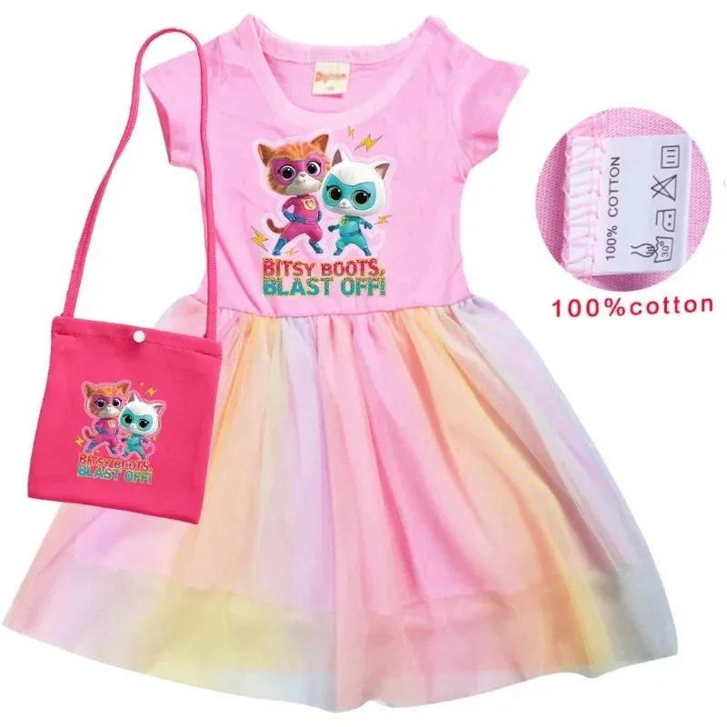 Sky03 Vestido de cosplay para niñas, vestidos de súper gatitos con bolsa y diadema para disfraz de supergatitos, manga corta para niñas 55Hu %