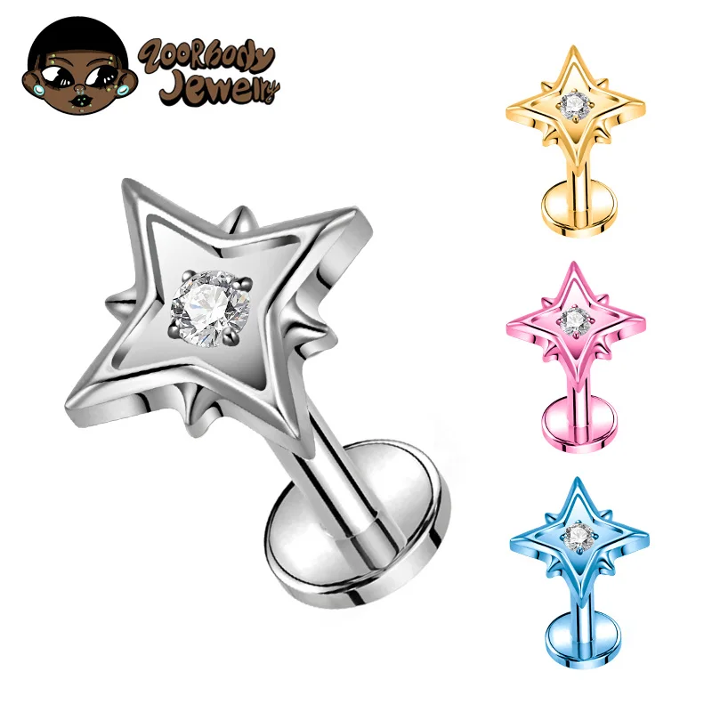ZOOR ASTM F136 Titanium CZ Four-Pointed Star Flat Back Cartilage Stud Earring Internally Threaded Lab Helix Tragus Lip Ring