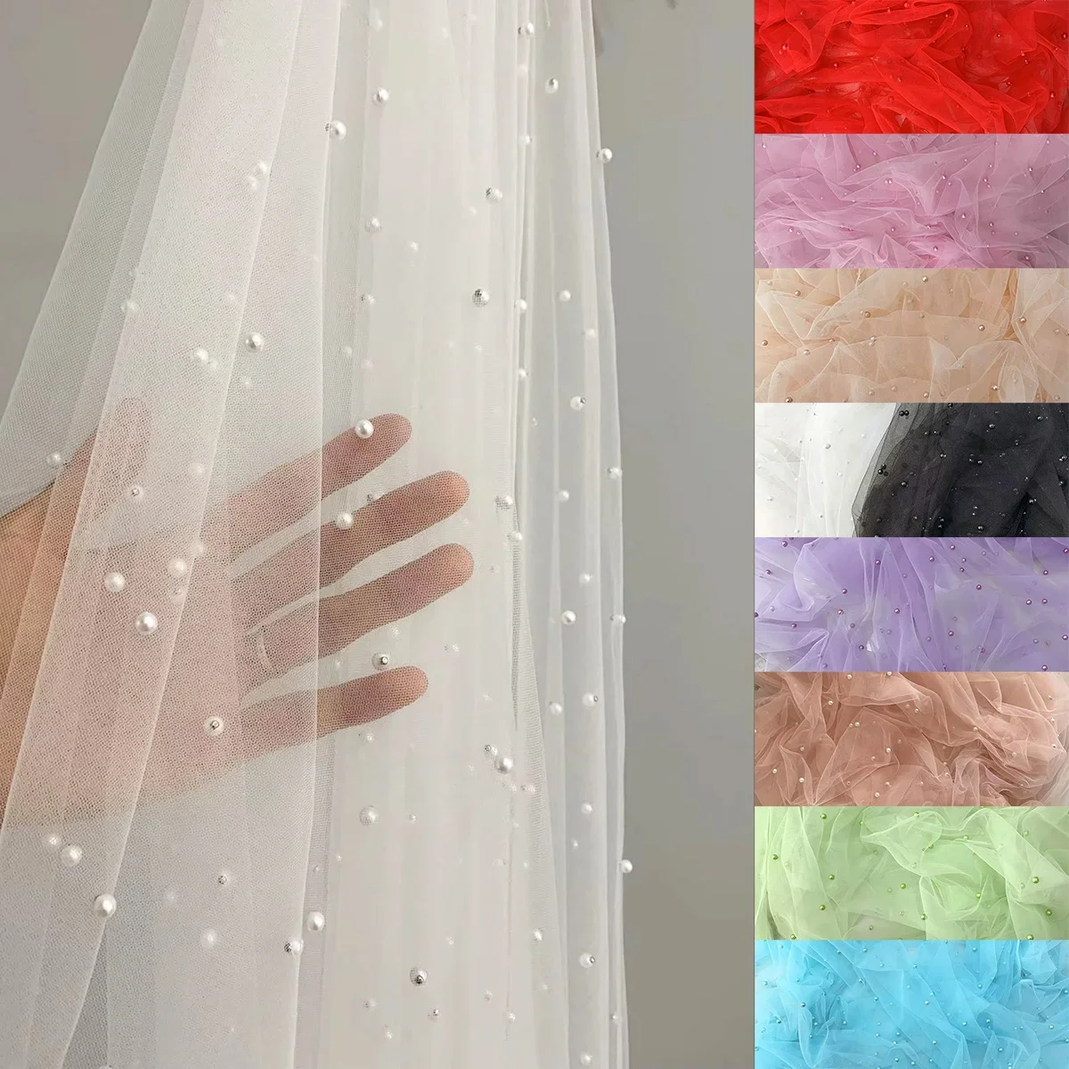 

2- Meter/ Batch Wide Soft Silk Smooth Pearl Mesh Lace Fabric, Hand Sewn DIY Wedding Clothing