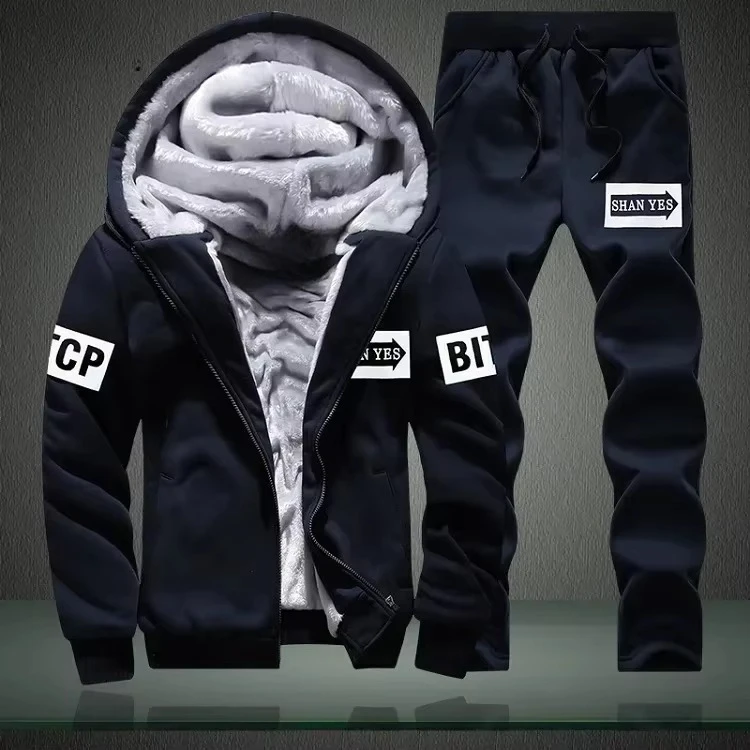 New Winter Fleece Thicken Men's Two-piece Zipper Sports Set Hooded Thermal Suit Casual Oversized Tracksuit 4XL  Funny Suit