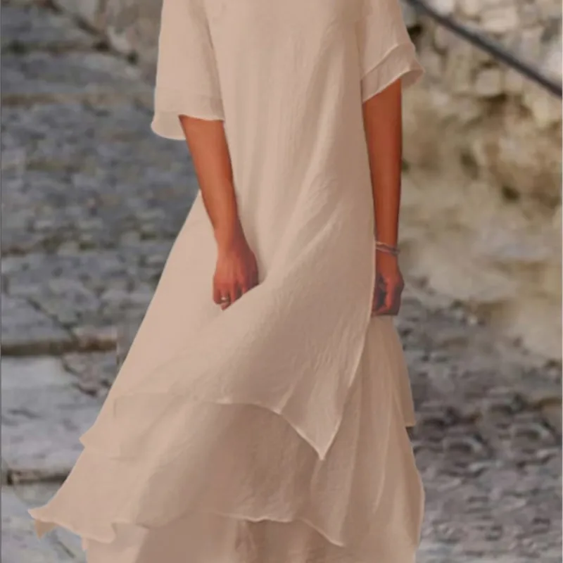 Fashionable Solid Color Double-layer Slit Short-sleeved Spring Mid-length Dress Elegant Party Dresses Women's Clothing Vestidos