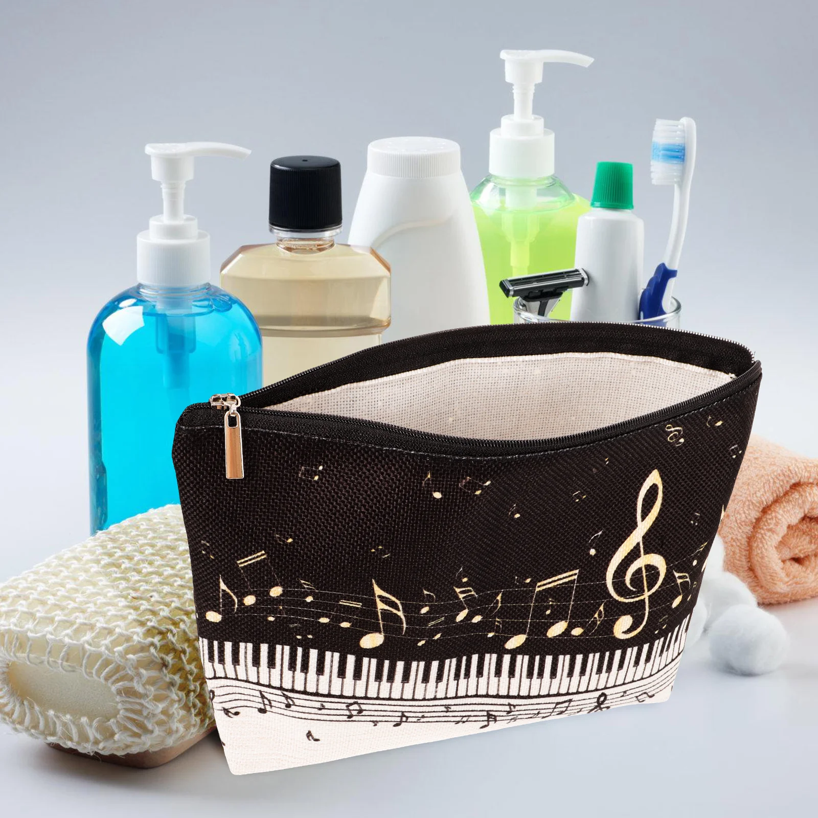 

Waterproof Canvas Makeup Bag Travel Organizer Music Theme Pouch For Women Reusable Toiletry Bag Zipper Makeup