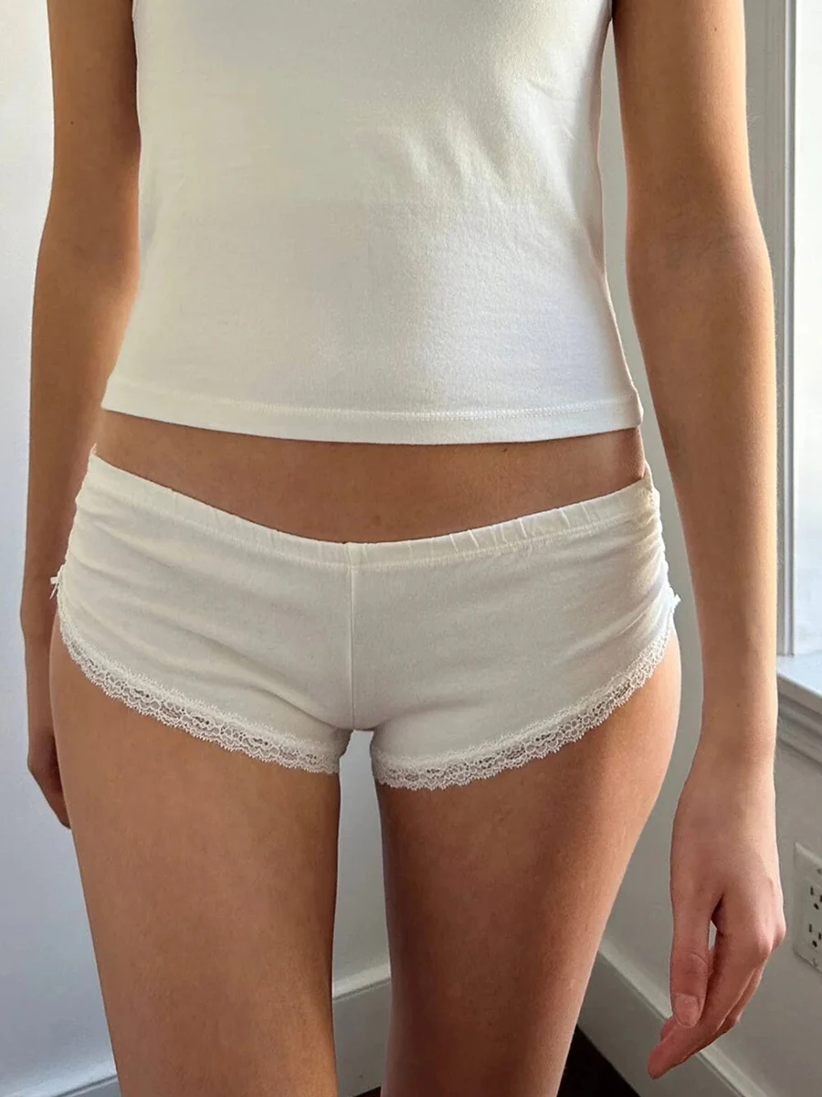 

Women'S Summer Soft Pajama Shorts With Elastic Band Low Waisted Lace Trim Casual White Home Ultra Short Shorts