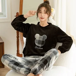 Winter Pajamas Set Casual Cartoon Full Sleepwear For Women Warm Thick Pyjama Women's Flannel Fashion Homewear Clothes Plus Size