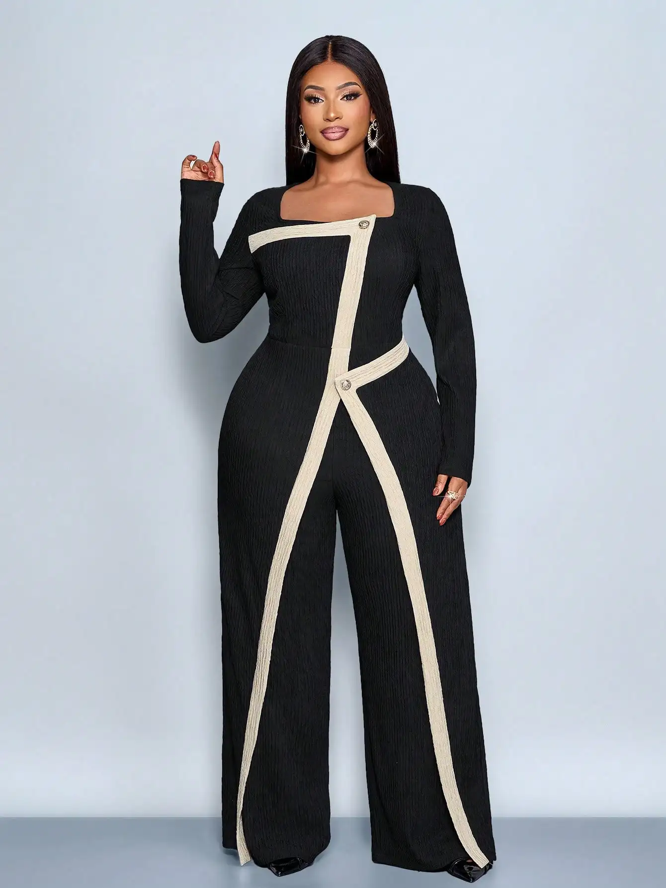 

Комбинезон больших размеров с контрастными пуговицами черного и абрикосового цветов, с квадратным вырезом, длинными рукавами, широкими штанинами, трикотажный, для офиса, свиданий, повседневной носки