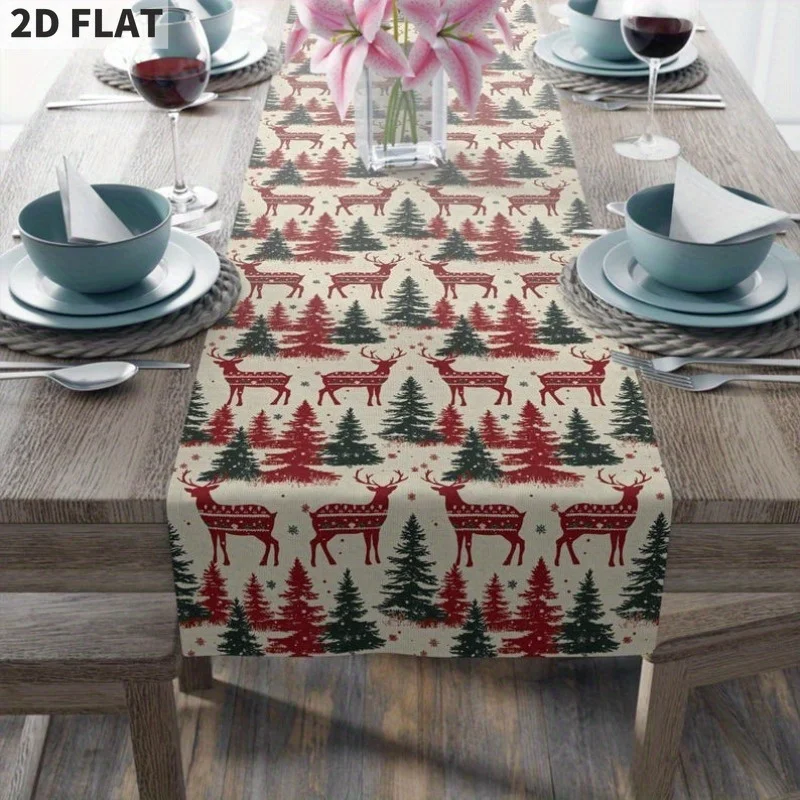 Christmas Reindeer Design Table Runner, Reindeer Christmas, Holiday Home Decor Winter Centerpiece Reindeer Tree Red Green Print