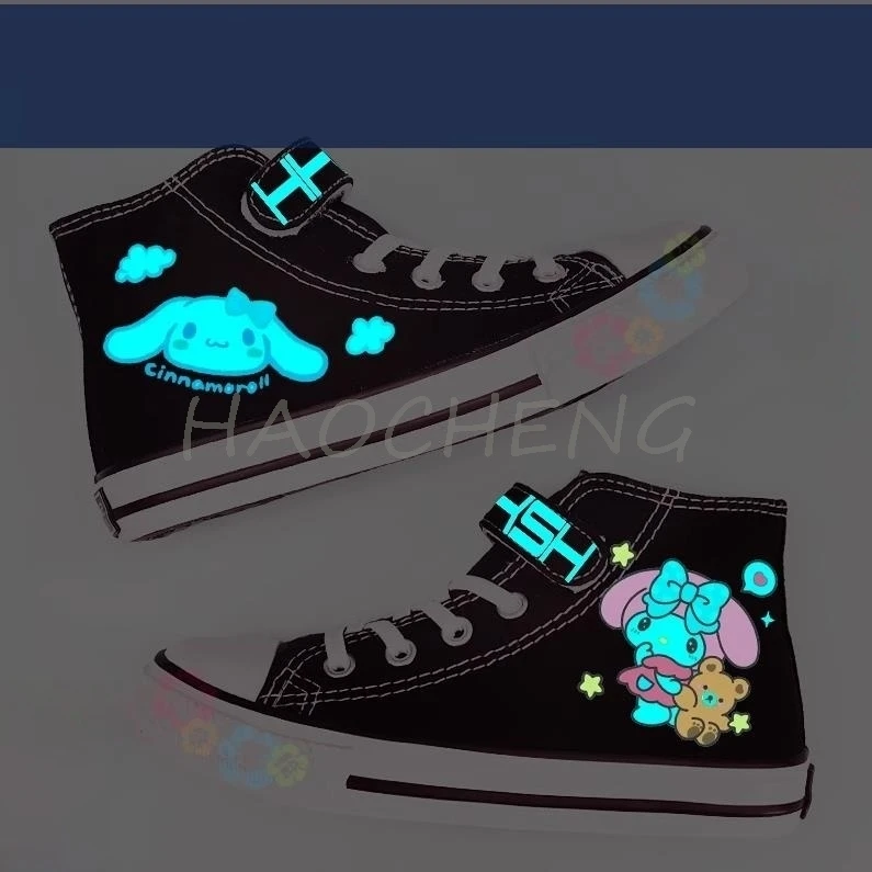 

Lovely Kuromi Melody Kids Shoes Noctilucent Canvas Shoes Flats Sneakers Women Unisex Shoes Round Head High Top Flats 29-40 Size