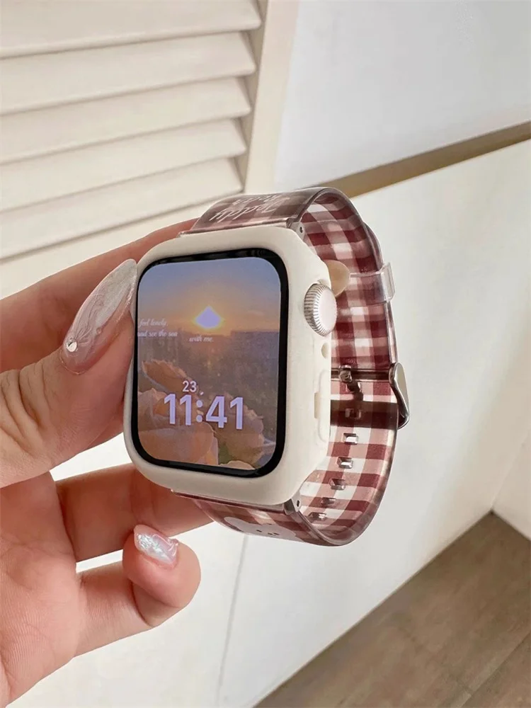 Korea Cute Bear Strap+Case For Apple Watch Band Ultra 2 49mm 45 44mm 41 40 42 Correa Clear Band For Watch Series 9 8 7 6 SE 5 4