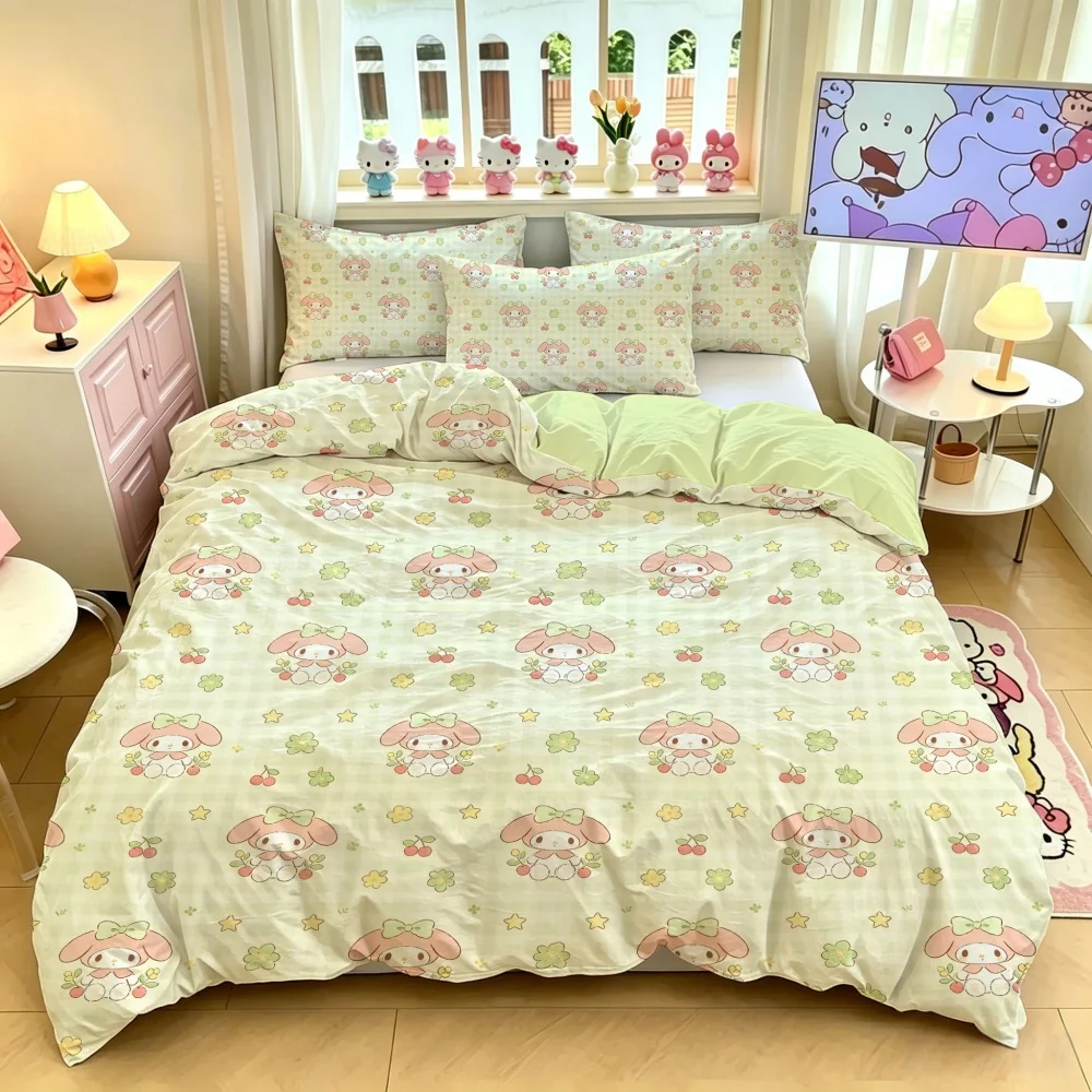 Sanrio Hello Kitty Cotton Bedding Set 3pcs, Soft Duvet Cover with Pillowcase, Cute Cartoon Bed Linens for Girls Dorm Gift Twin F