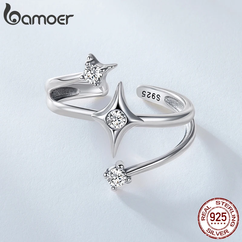 BAMOER Anello regolabile stellato in argento sterling massiccio 925 Anello minimalista a tre strati CZ Gioielli Regalo di compleanno Originale per le donne