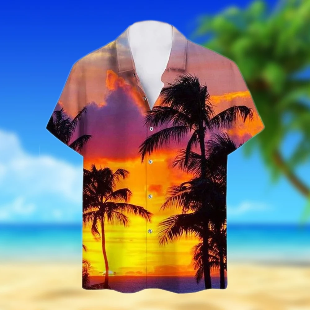 New Hawaiian Shirts Cuban Collar Hawaii Sunset Landscape Drawing Printed Short Sleeve Top for Men Vintage 3D Plus Size