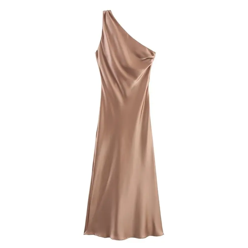 Été 2024 asymétrique soie Satin sensation Dr Ele femmes Faion nouveauté décontracté Sle Svel robe cintrée