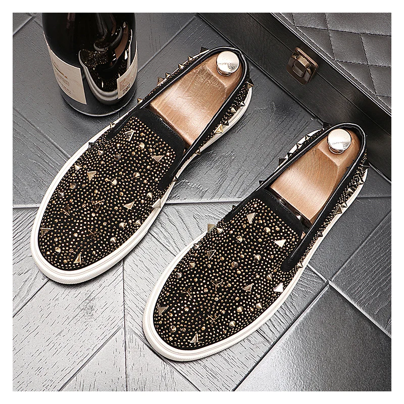 men fashion stage nightclub rivets shoes slip-on spikes studded shoe cow suede leather flats loafers designer stylish footwear