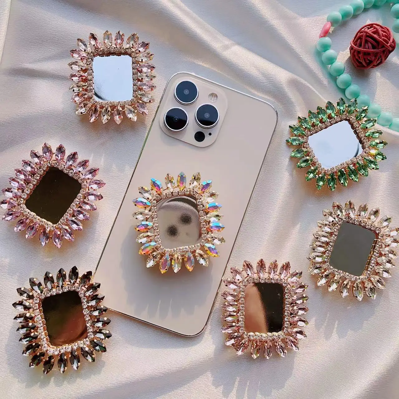 

Creative Colorful Glass Diamond Silver Electroplated Airbag Phone Folding Ring Stand Telescopic Frame for Iphone Bracket Holder
