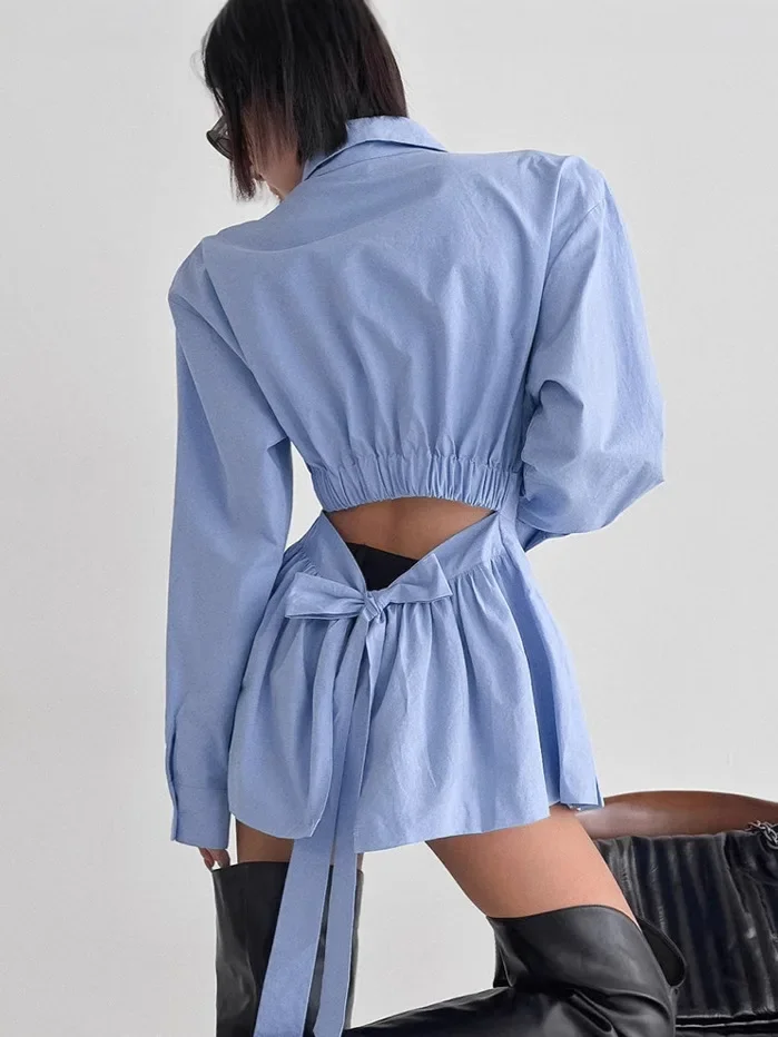 Fmxires Imcute Women's Autumn Solid Color Tops Long Sleeve Turn Down Collar Casual Button Up Hollow Tie Back Shirts Office Wear