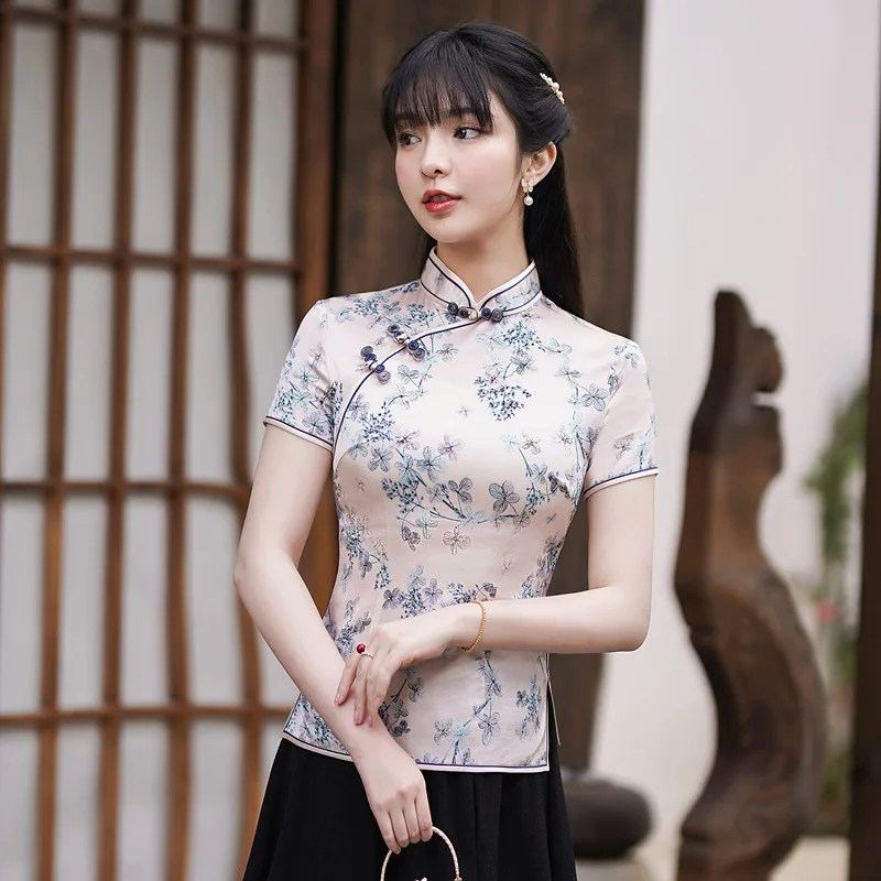 Spring Summer Ethnic Style High Quality Real Silk Short Sleeve Improved Cheongsam Qipao Women's Dress Top