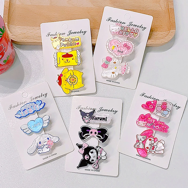 3Pcs/Set Kawaii Sanrio Hairclip Cinnamoroll Kuromi My Melody Cartoon Duckbill Hairpin Simple Hair Accessories Hello Kitty Gifts