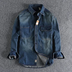 Autumn American Retro Heavyweight Denim Cargo Shirt Men's Fashion Pure Cotton Washed Old Long Sleeve Double Pocket Casual Tops
