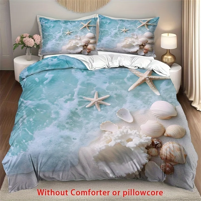 

2/3pcs Beach Waves Shell Print Duvet Cover Set (1 Duvet Cover + 1/2 Pillowcase, Without Core), Summer Ocean Theme Bedding Set