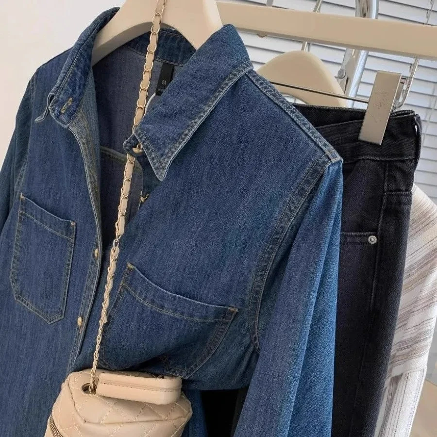 الرجعية الأزرق قميص دينيم سترة المرأة ربيع الخريف جديد الدنيم معطف بلوزة 2025 المرأة فضفاض الجينز قميص معطف طويل الدنيم للنساء