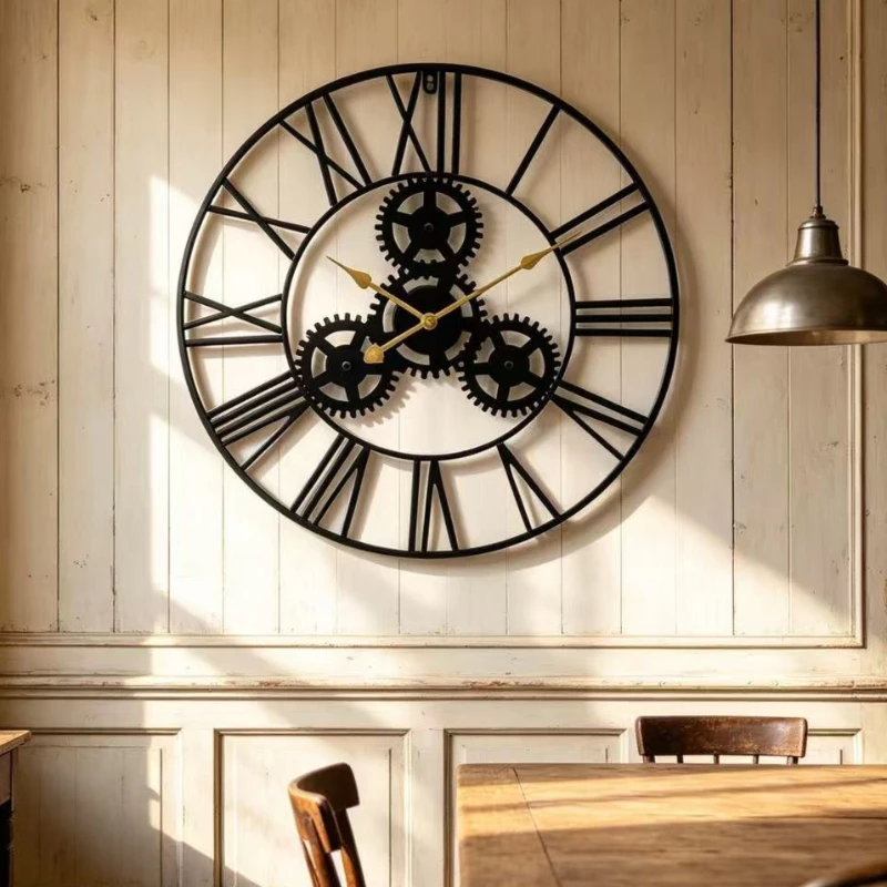 16 Inch Vintage Gear Metal Wall Clock Roman Numeral Silent Wall Watch Industrial Retro Home Living Room Cafe Bar Wall Art Decor