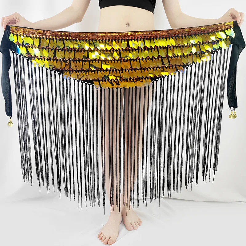 Belly Dance Hip Scarf for Women Sequin Long Tassel Waist Chain Oriental Dance Costume Performance Belt Girl\'s Tribal Hip Scarf