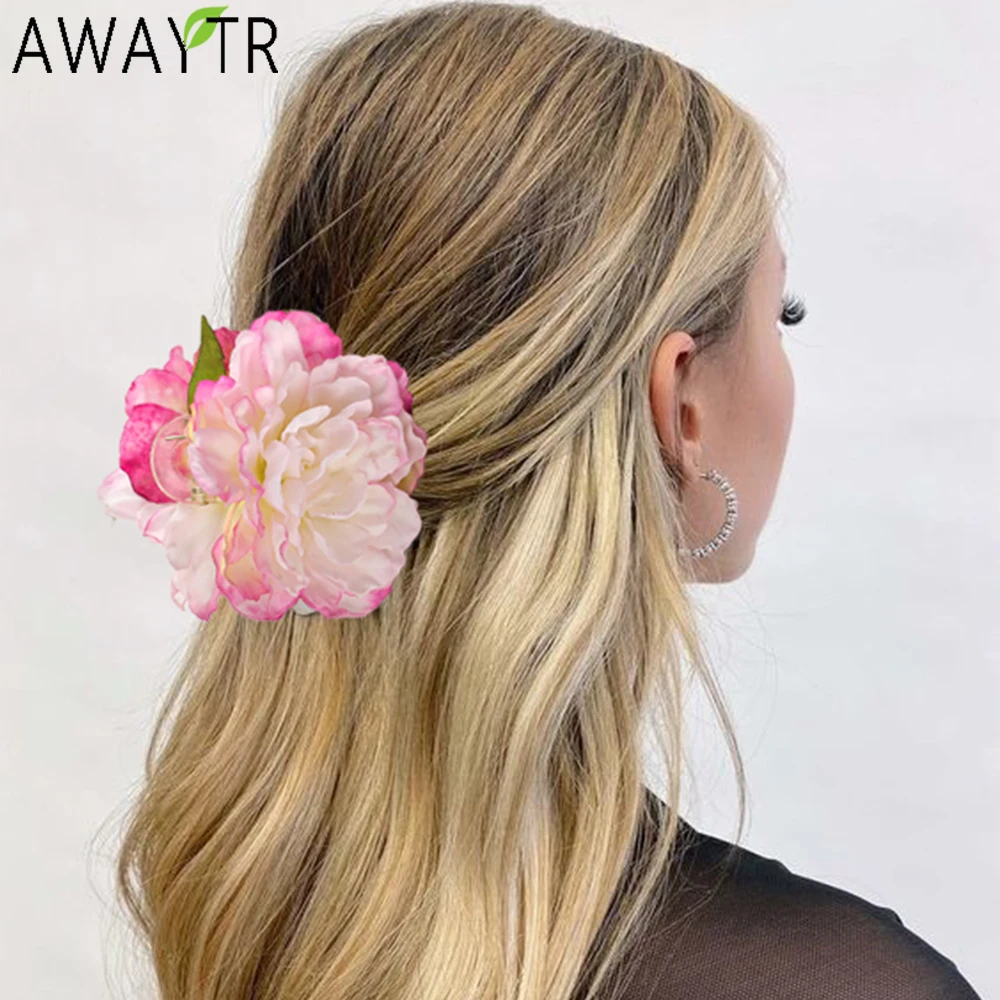 AWAYTR Spring Peony Hair Claws Farbic Flower Hair Clips Crab For Women Girl Gift Hair Accessories Valentine Headwear