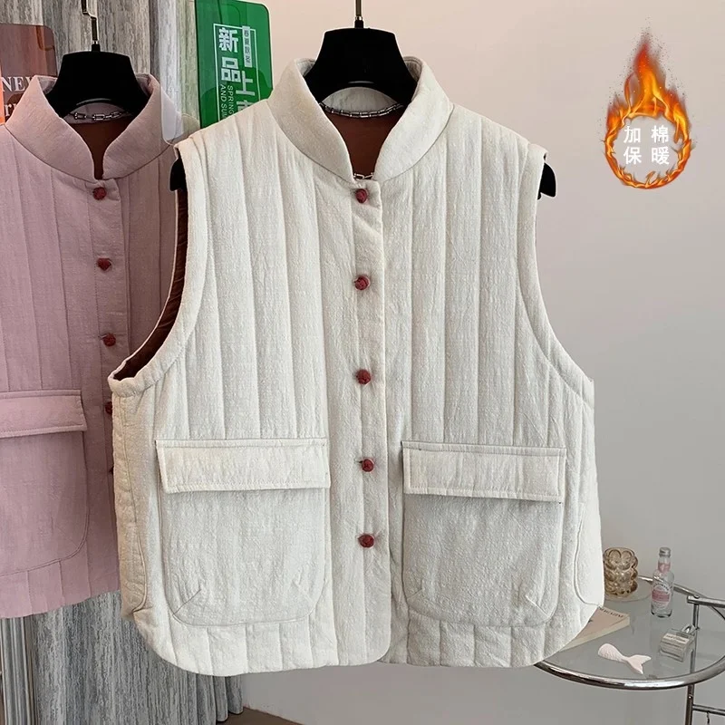 

2025 Winter New Retro Artistic Linen and Cotton Vest Women's Loose Stand Collar Quilted Sleeveless Coat Autumn Top w1230