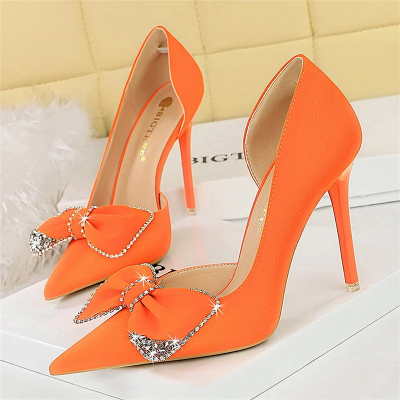 BIGTREE Night Club Stripper Fashion Women Woman Pumps Red Elegant Woman Heeled Sexy Light Pointed toe Diamond Bow Single Shoes