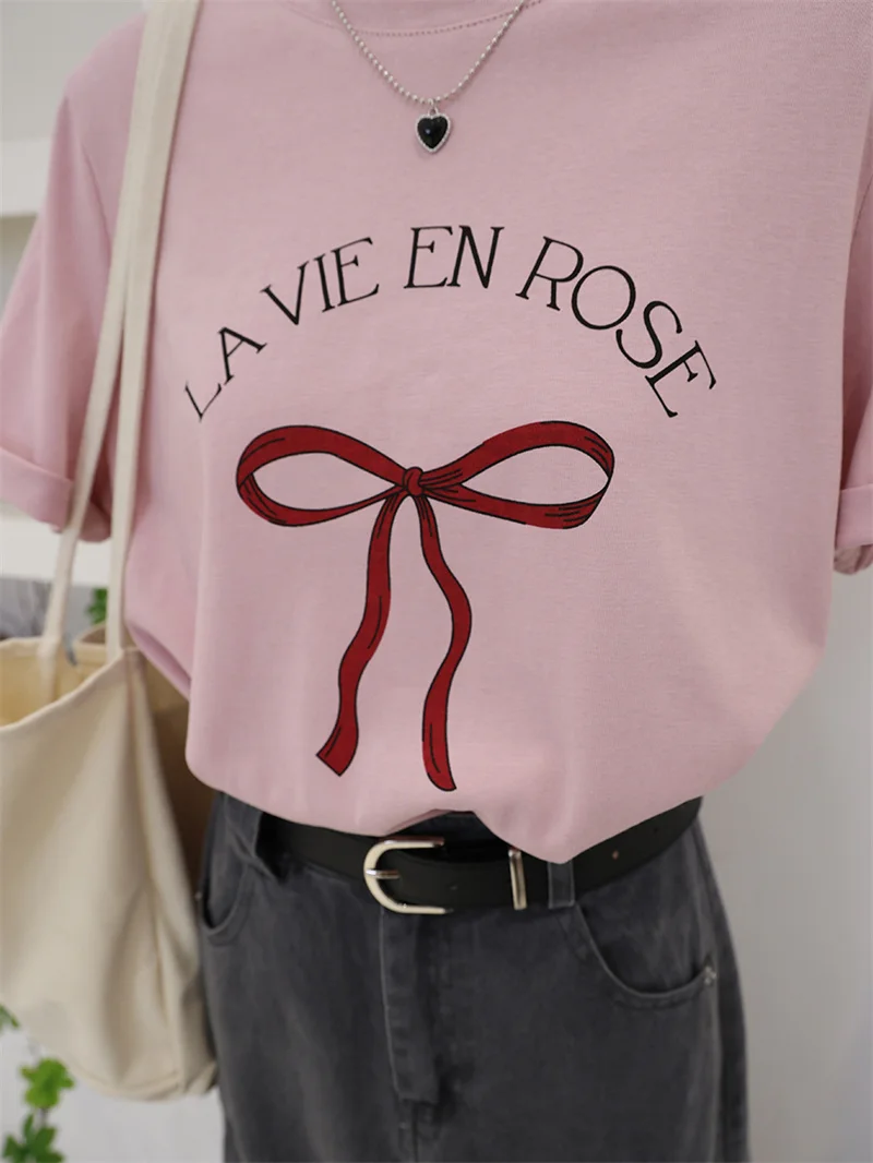 Sweet Japanese Style  Knot Print Short Sleeve Women's T-shirt Summer New Loose round Neck Top Versatile Casual Cotton
