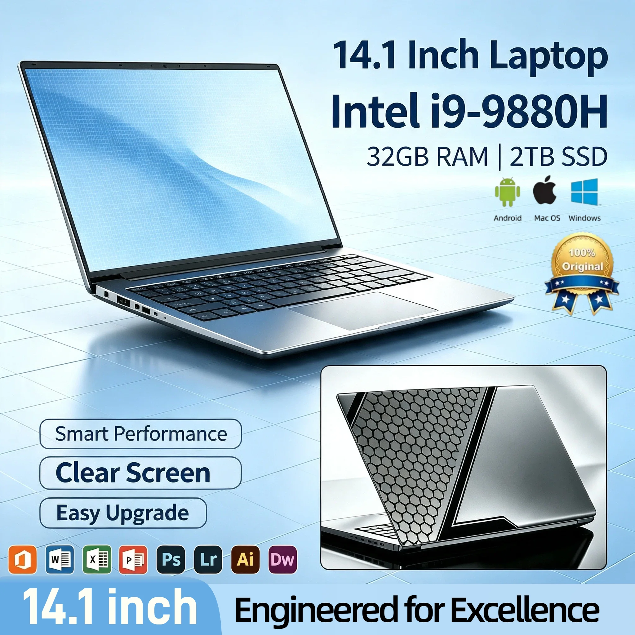 Intel Core i9 9880H 2026 14.1 Inch Gaming Laptop 2.3GHz 4.8GHz Turbo 32GB RAM 2TB SSD Ultra Slim 1920x1080 Office Pro Max