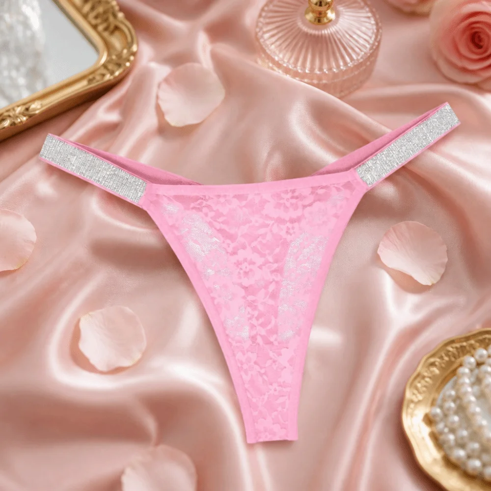 Comfortable Rhinestone Belt Women's Thongs Hollow Out Low Waist Lace Thongs Mesh Underwear T-back Briefs Female Underwear