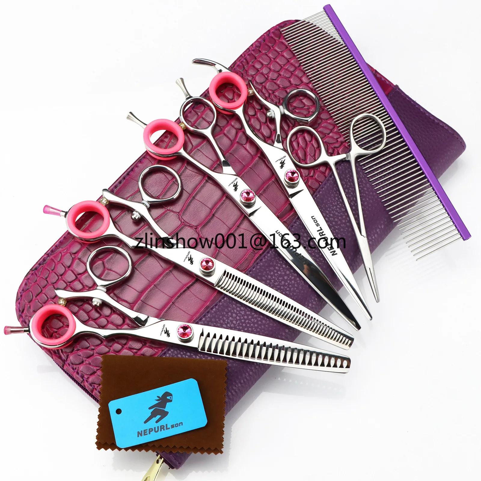 7.5 Inch Pink Diamond Premium Suit Top Veterinary Animal Shaped Scissors Pet Grooming Scissors Pet Fishbone Teeth 4 Scissors Set