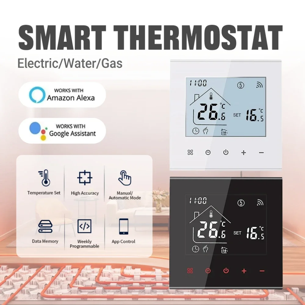 

Smart Electric Water Floor Heating Thermostat WiFi Optional Tuya APP Control with Voice Commands via Alexa and Google Home