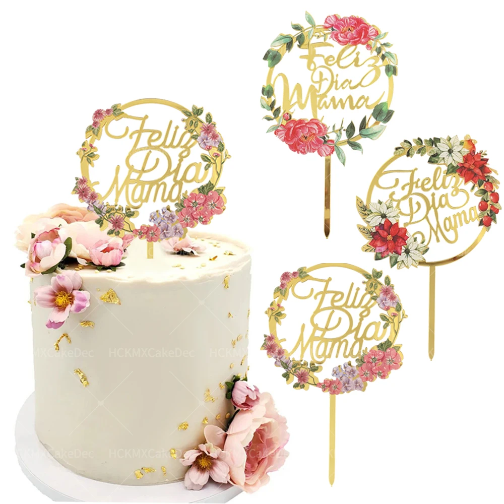 Flor acrílica española Feliz español Dia mamá adorno para tarta del día de la madre para el día de la madre suministros de decoración para tarta de fiesta de cumpleaños