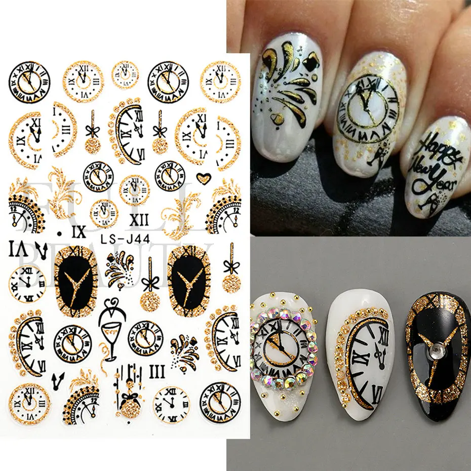 New Year 2023 Clock Nails Sticker Gold Shiny Glitter Luxurious Watch Countdown Festive Winter Festival Manicure Decal Tip LS-J44