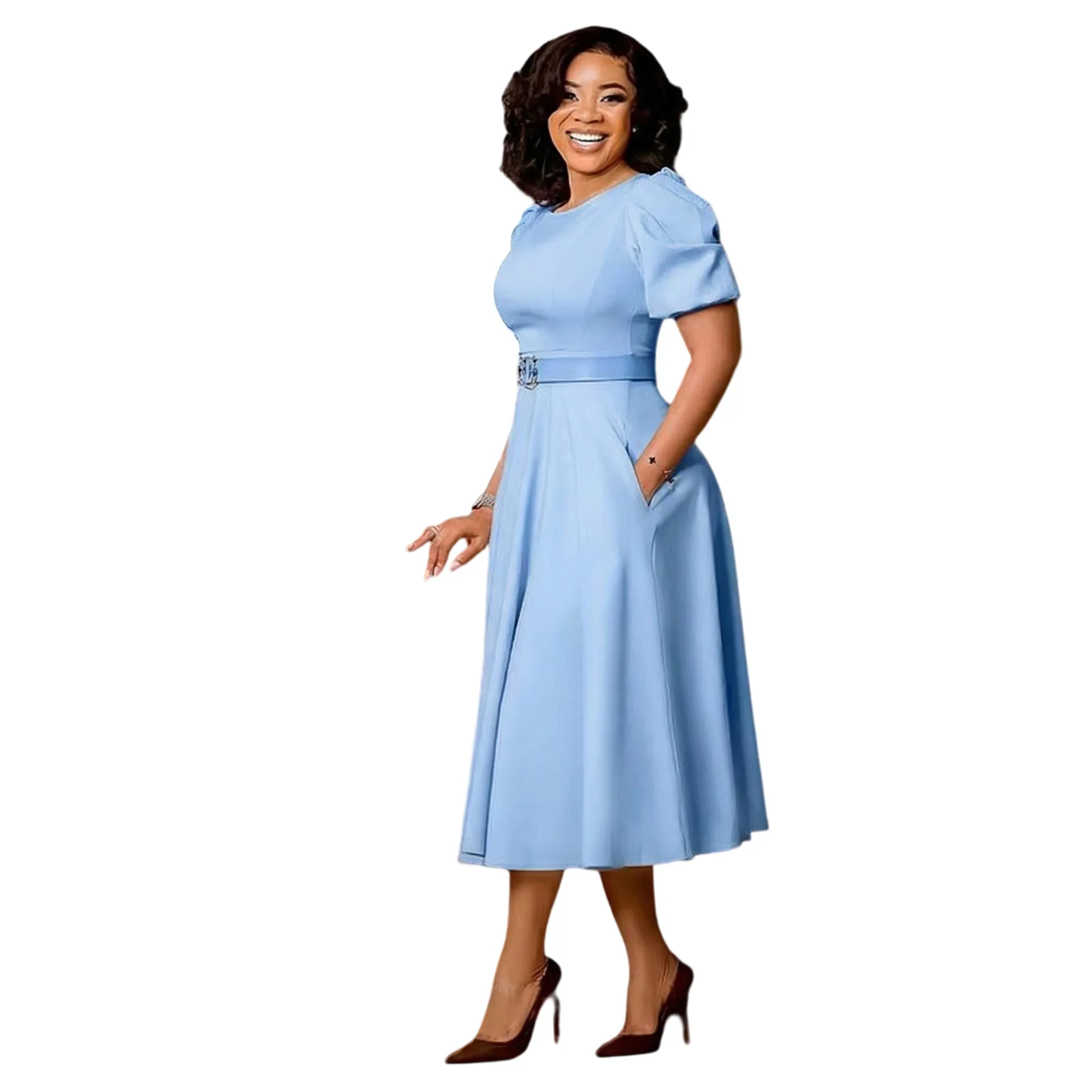 

Elegant Office Lady O Neck Puff Short Sleeve Belt Waisted A Line Mid Dress Birthday Women Formal Business Work Vestidos