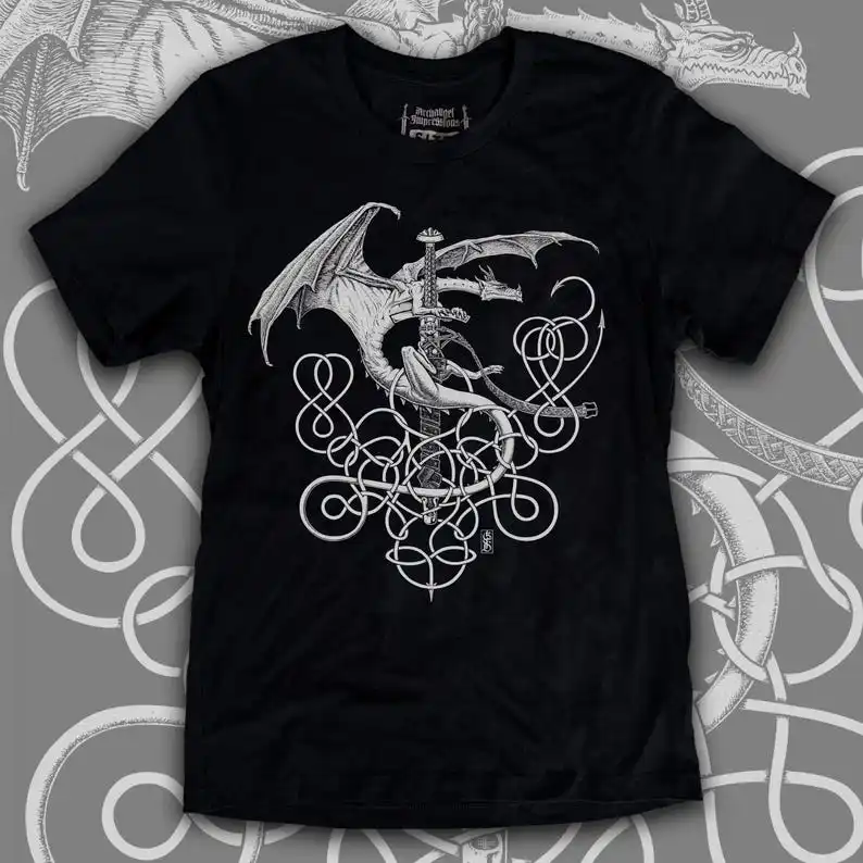 

Silver Dragon mens graphic tee, sword, vintage epic medieval fantasy art, black Bella Canvas T shirt
