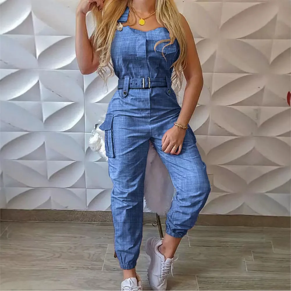 Blue Belt Design Sling Cuffed Jumpsuit Women Summer Rompers Sexy Y2k Pencil Pants Bocycon Streetwear Party Bodysuit Overalls