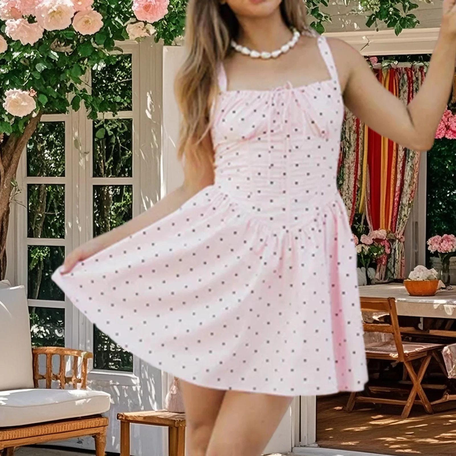 Sukienka damska na ramiączkach z nadrukiem w kropki, dopasowana, wiązana, z kwadratowym dekoltem, na cienkich ramiączkach, bez pleców, mini, w kształcie litery A, z falbankami.