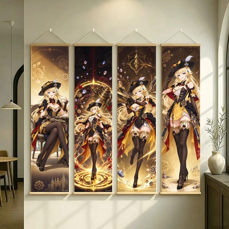 Hanging Scroll Wall Art of Genshin Impact Navia with Gold and Black Fantasy on Silver Shimmer Canvas for an Anime Bedroom
