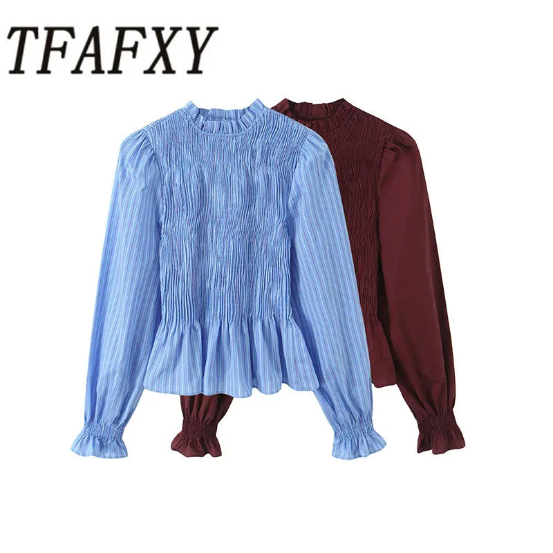 TFAFXY 2026 Frühling Neue Damen-Chic-Mode Geraffte Blusen Langarm Damen Lässige Einfache Kurze Hemdbluse Tops ﻿