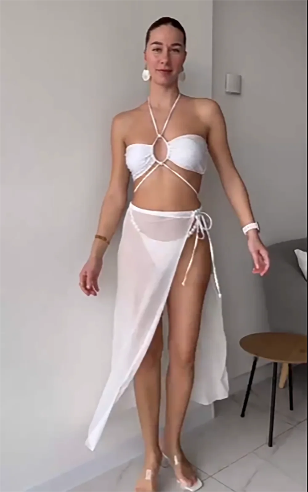 

2025 New 3 Piece Bandeau Bikini Set Women Swimwear with Mesh Beach Long Dress Push Up Swimsuit Beachwear Bathing Suit